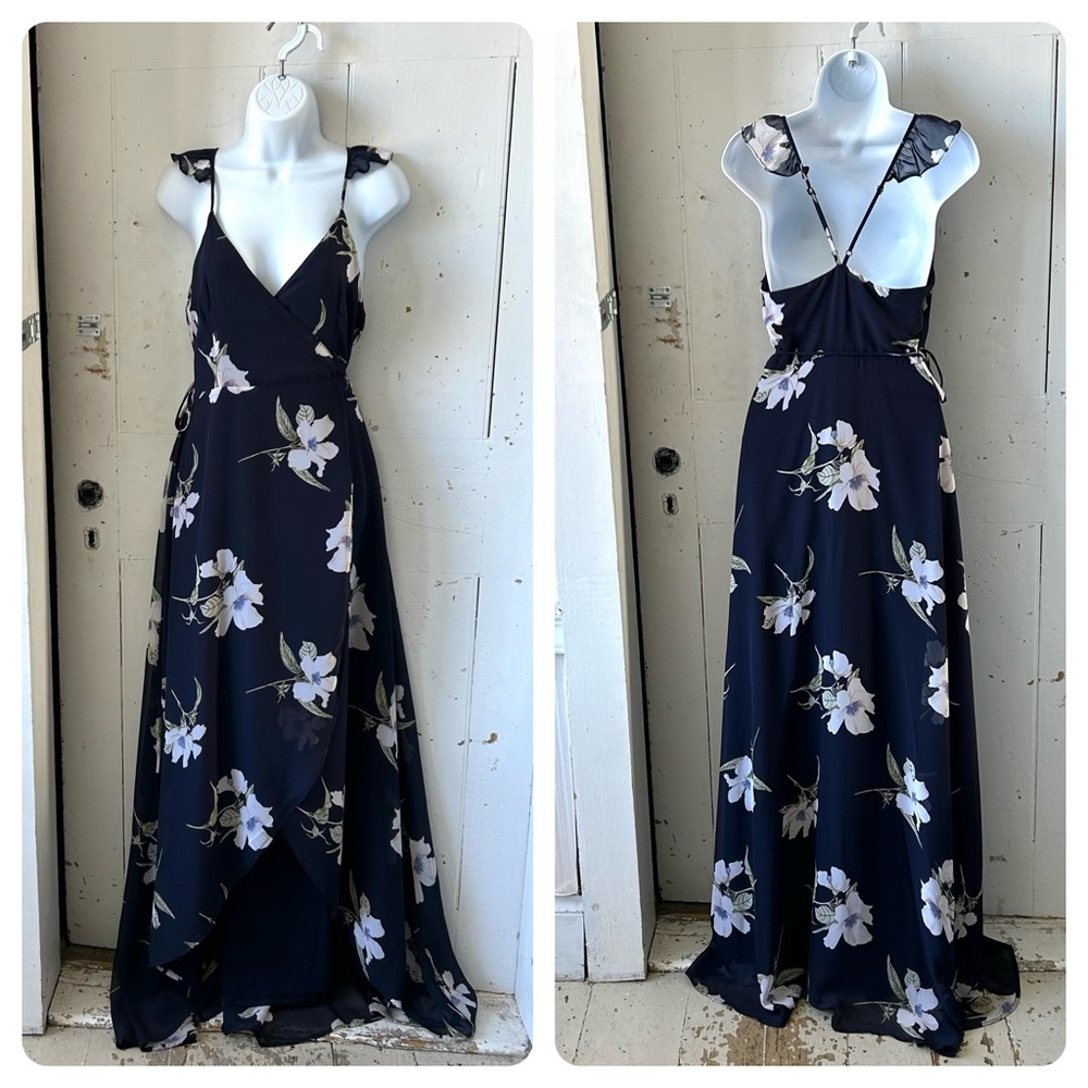 Lulu"s All Mine Navy Blue Sheer Chiffon Floral Print Maxi Wrap Dress